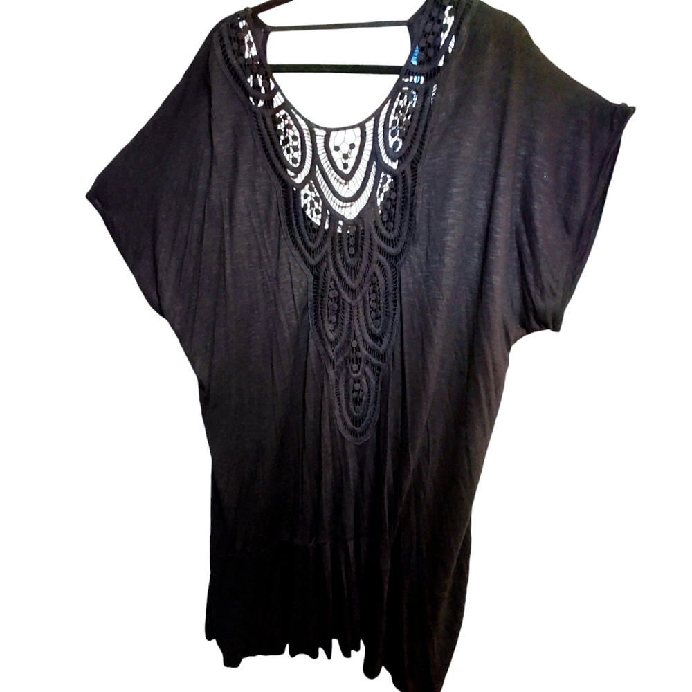 Beach cover up black sexy crochet design v/neck cut